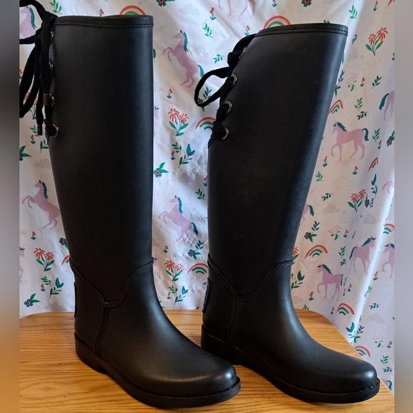 Coach Tristee Matte Black Tall Rubber Corset Lace Up Casual Prep Boot Shoe SZ 6B - Picture 3 of 11